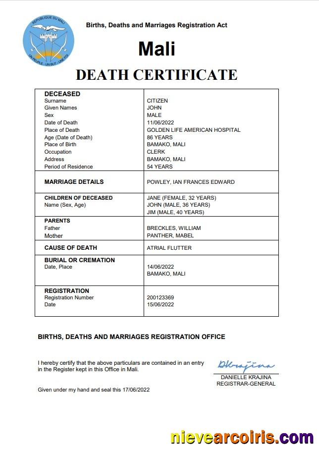 Mali vital record death certificate